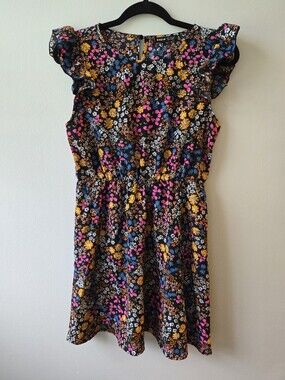 SHEIN Black Floral Ruffle Sleeve Dress with Pink, Yellow, Blue